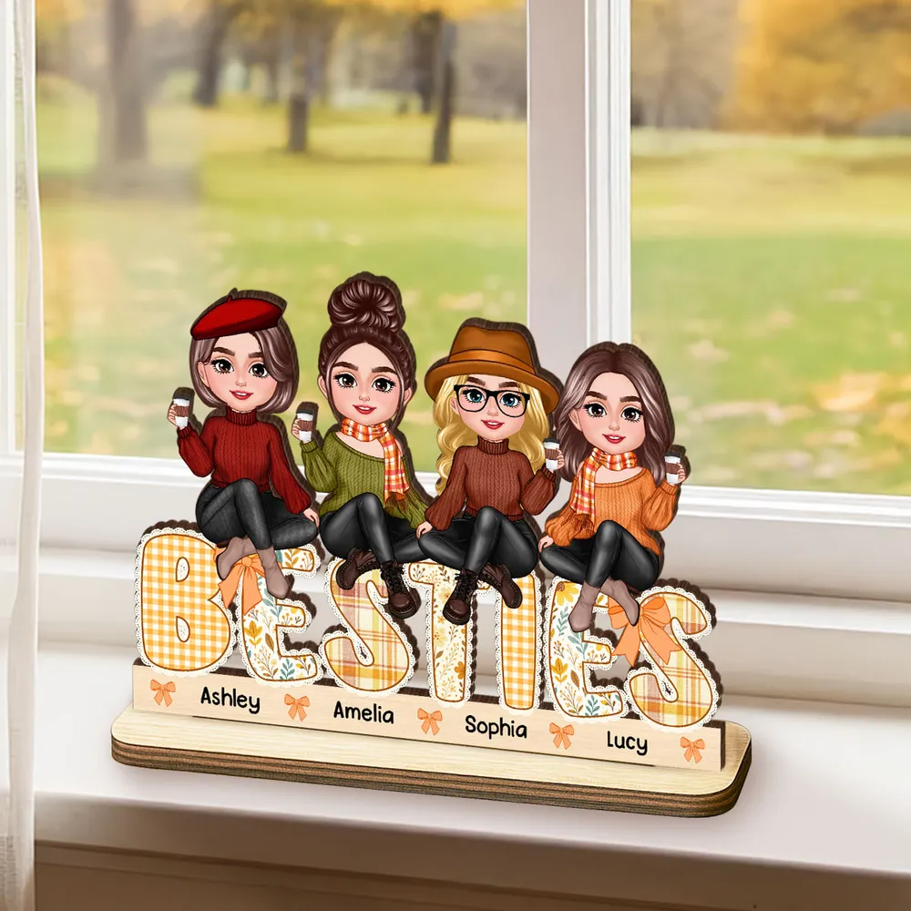 BESTIES Wooden Plaque – Autumn Coffee Time with Friends & Sisters, Personalized Gift for Best Friends - Image 2