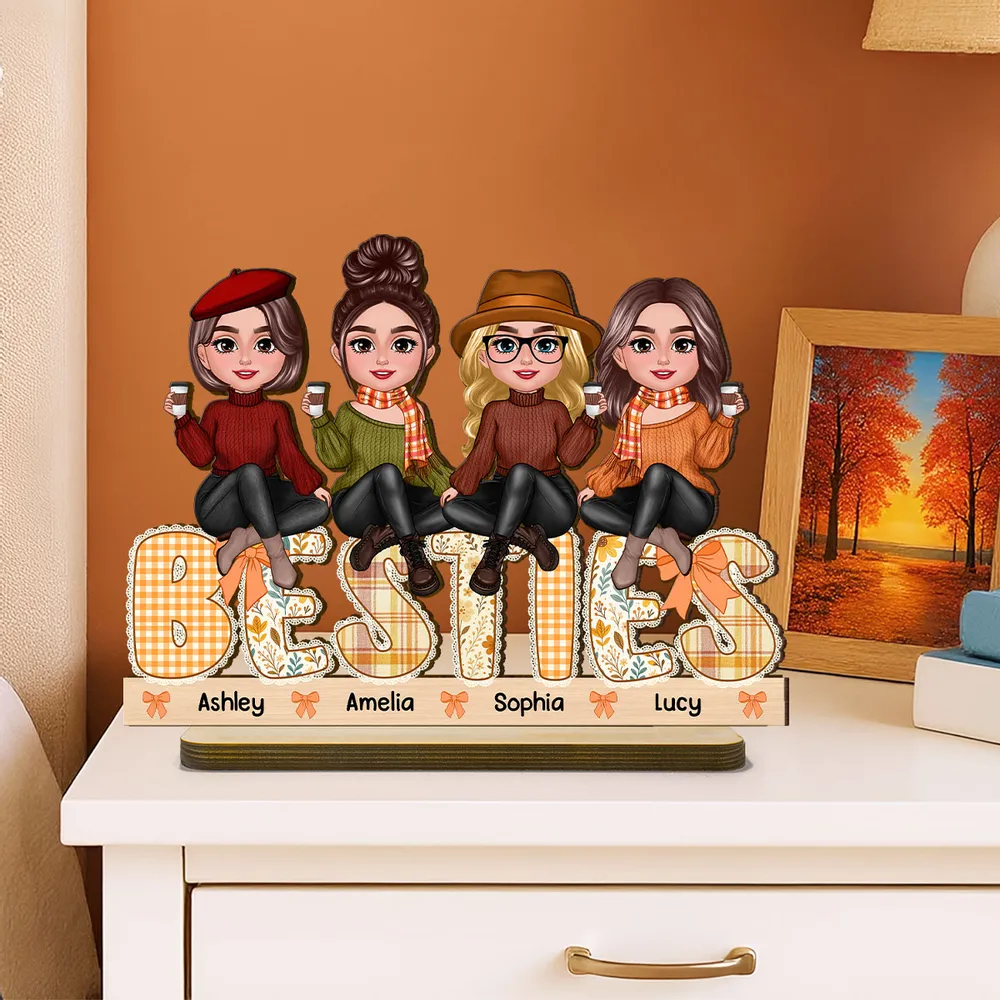 BESTIES Wooden Plaque – Autumn Coffee Time with Friends & Sisters, Personalized Gift for Best Friends - Image 4