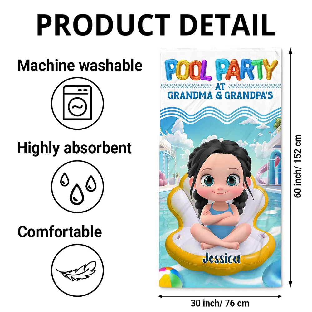 Pool Party at Grandma & Grandpa’s Personalized Beach Towel – Cute Summer Gift for Kids and Grandkids - Image 6