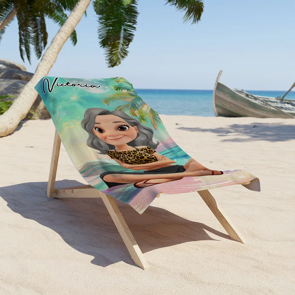 Personalized Beach Towel with Cartoon Girl – Summer Beach Gift for Her, Custom Name Towel for Vacation and Pool Days - Image 6