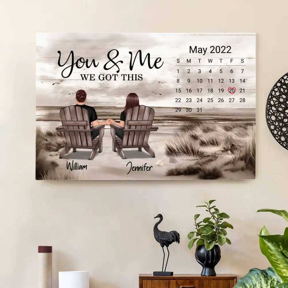 Personalized Calendar Couple Poster, Romantic Beach Scene Love Story