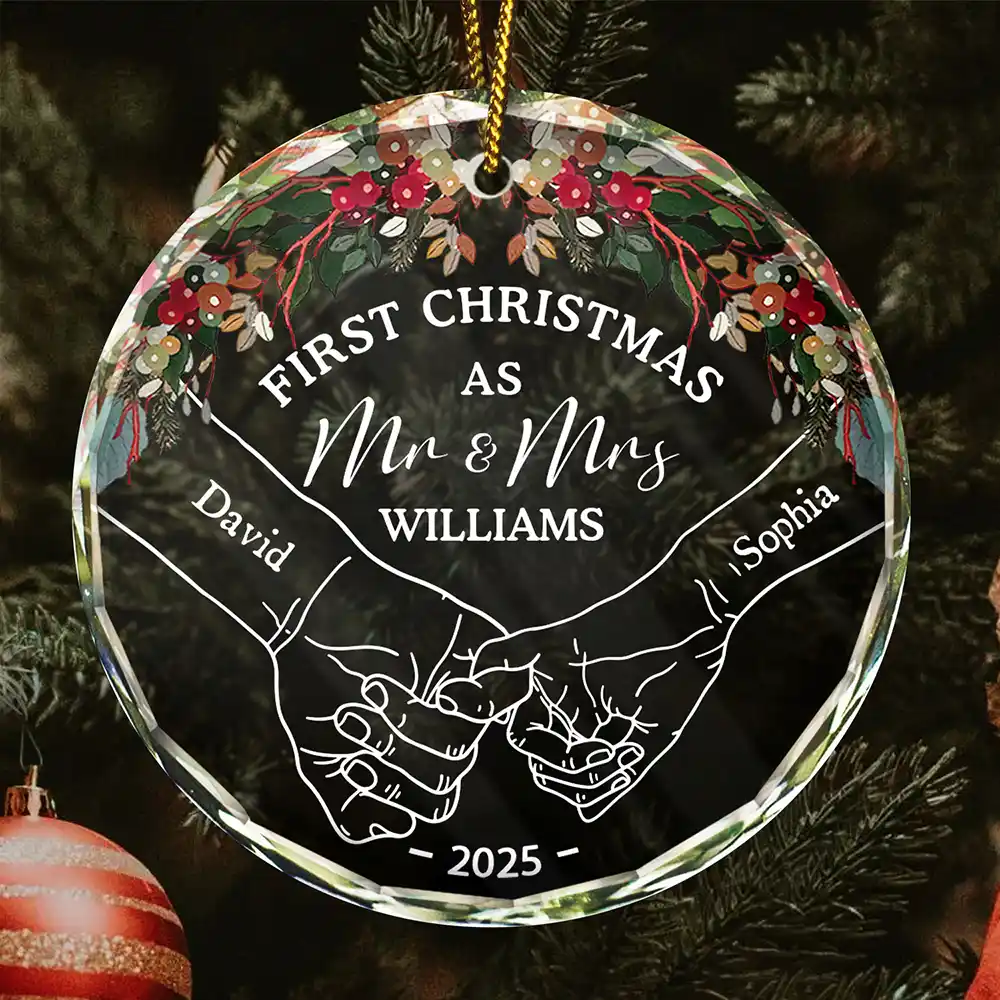 Crystal Ornament – First Christmas As Mr & Mrs with Romantic Holding Hands Design, Holiday Gift for Couples