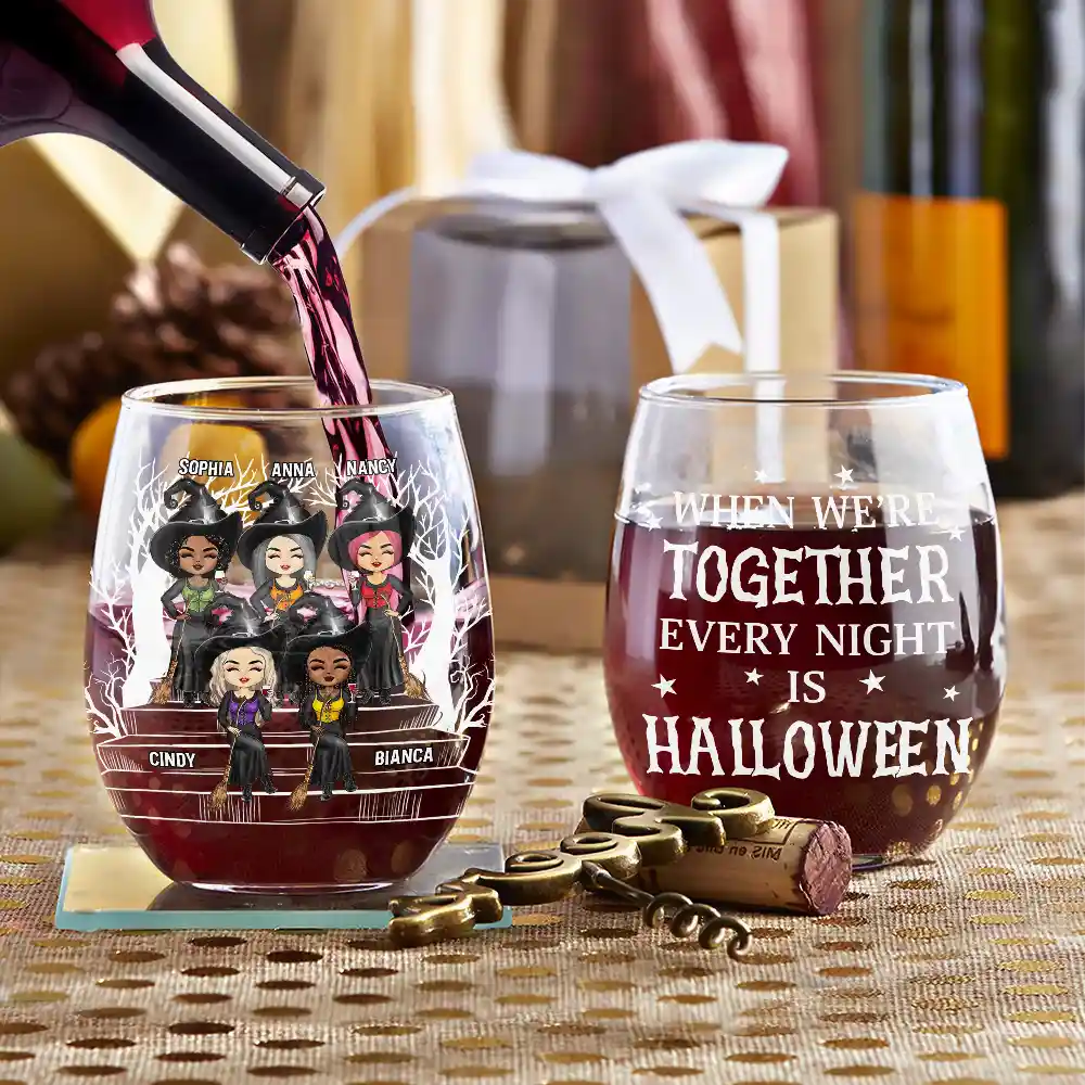 Drink Up Witches Halloween Wine Glass – Custom Witch Sisters Sitting on Bench – Spooky Gift for Best Friends or Sisters - Image 3