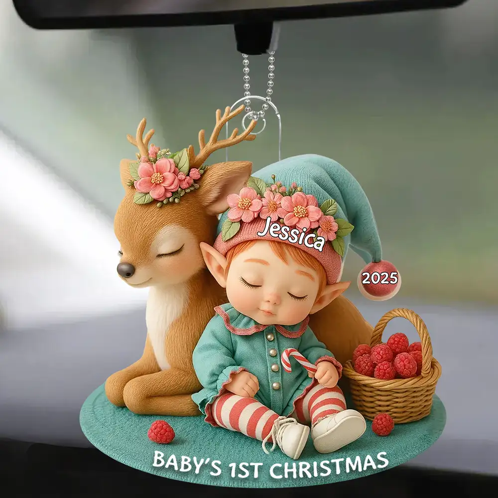 Acrylic Ornament – “Baby’s 1st Christmas” Deer-&-Elf Keepsake