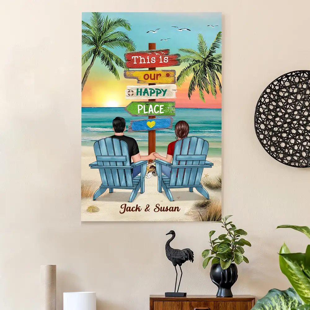 Beach Sunset Palm Trees Couple Holding Hands Poster, This Is Our Happy Place Personalized Wall Art, Romantic Gift for Couples