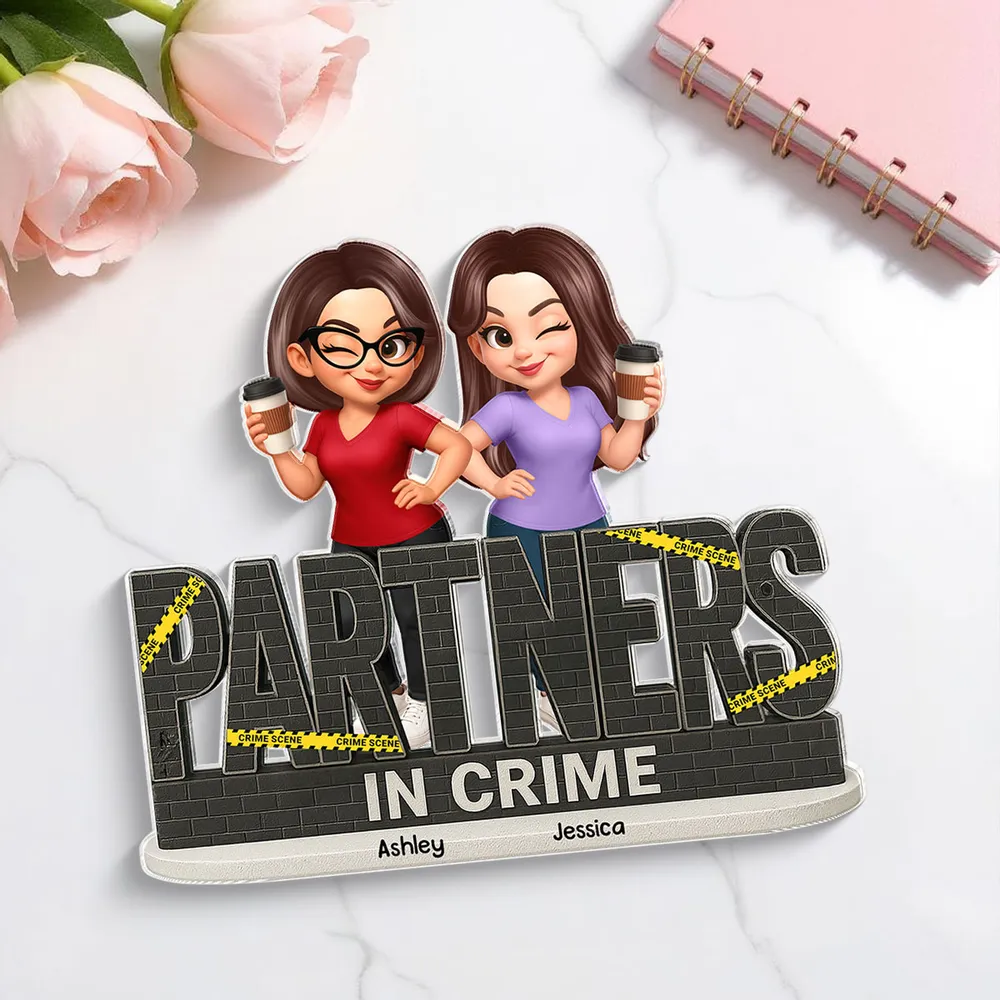 “PARTNERS IN CRIME” Sisters Linking Arms with Coffee Shaped Acrylic Block Plaque, Creative Gift for Sister, Customizable - Image 5