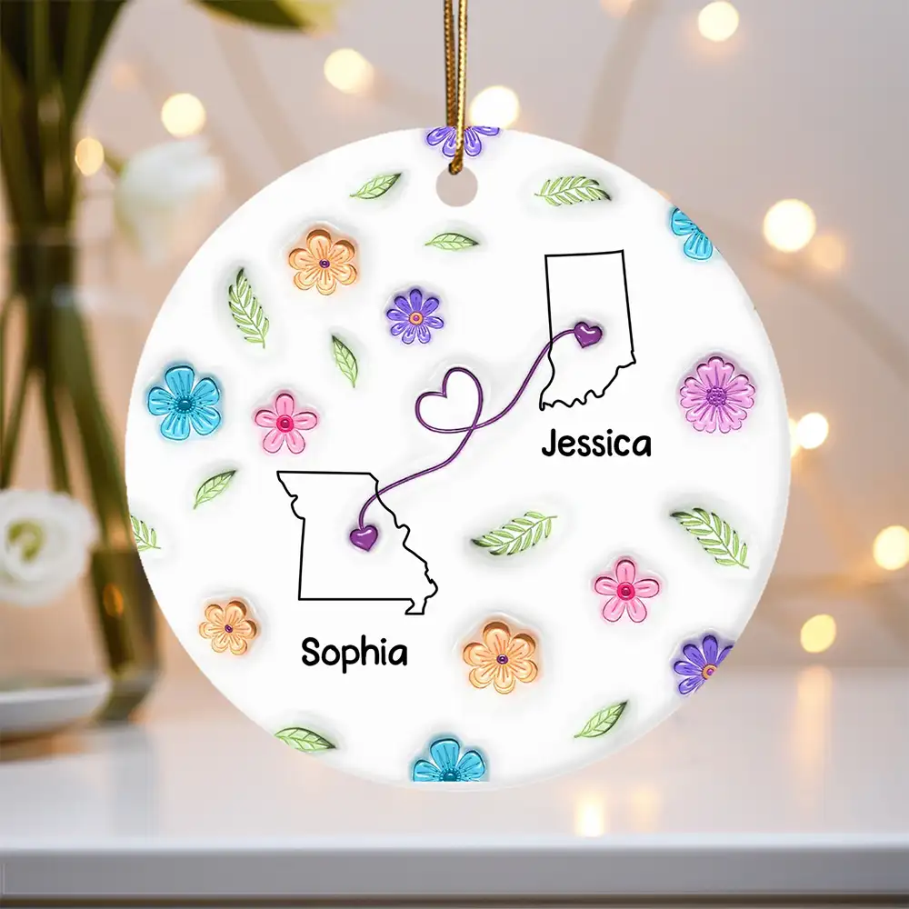 Sisters Across States Round Ceramic Ornament with Heart Path & Floral Accents