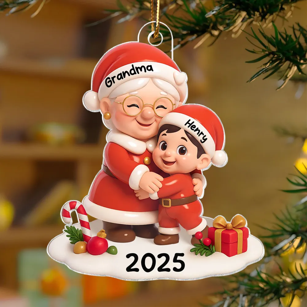 Personalized 3D Effect Acrylic Ornament - Santa Grandma Hugging