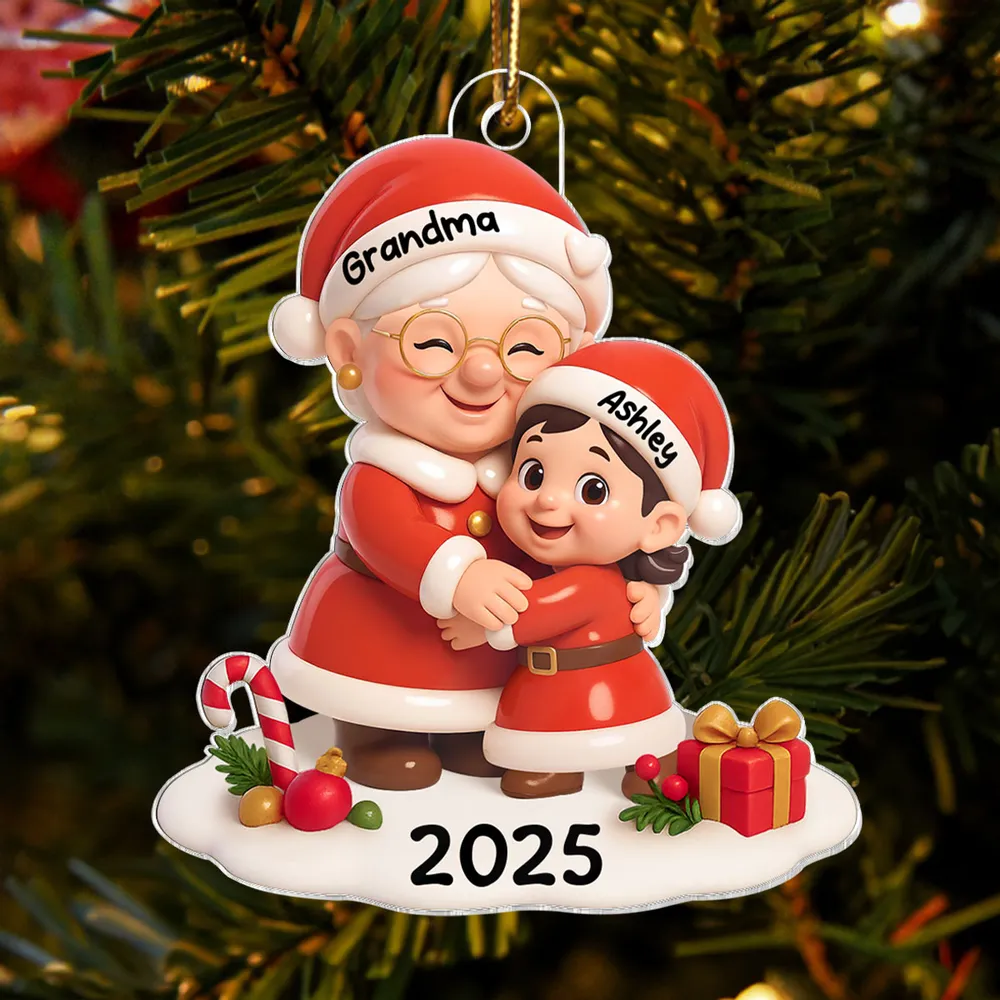 Personalized 3D Effect Acrylic Ornament - Santa Grandma Hugging - Image 2