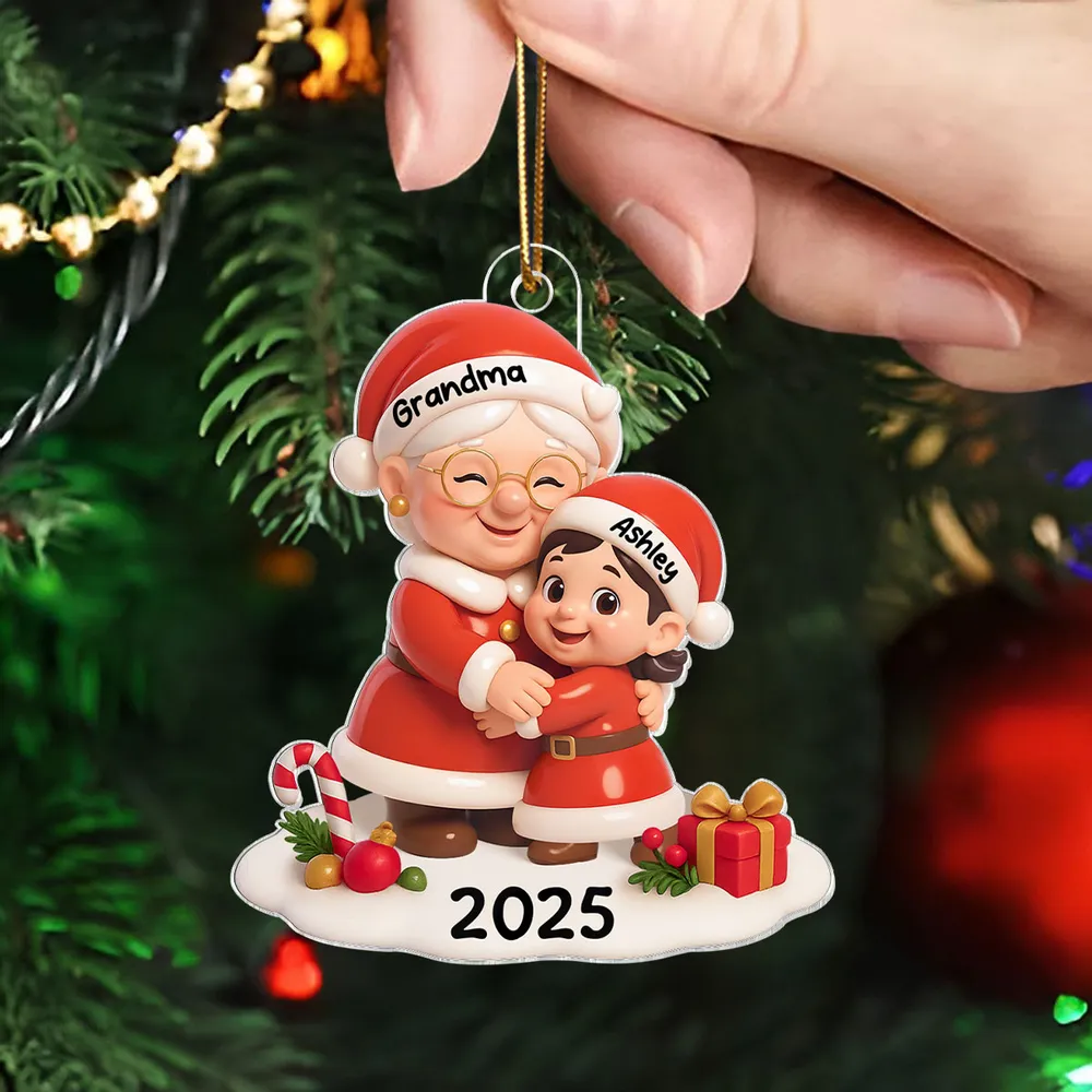 Personalized 3D Effect Acrylic Ornament - Santa Grandma Hugging - Image 6