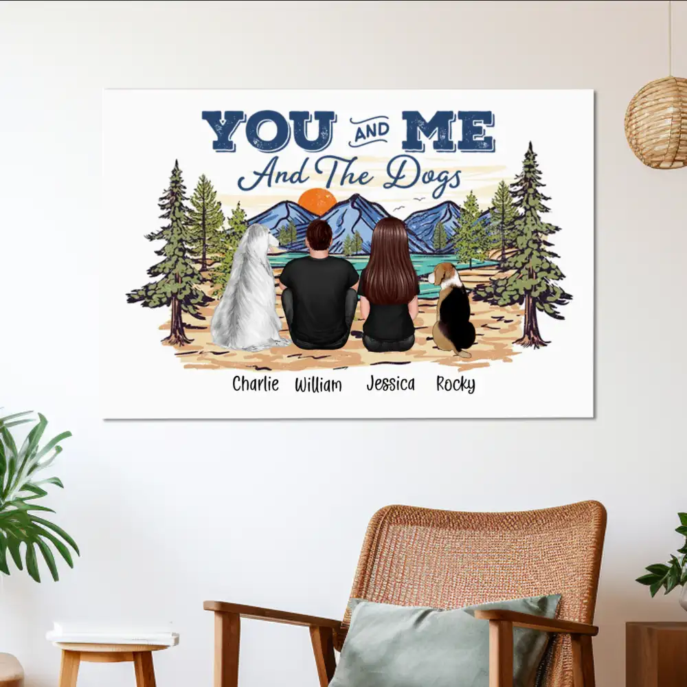 Couple with Dogs Poster Print, Scenic Mountain Landscape Design, Heartwarming Home Wall Art