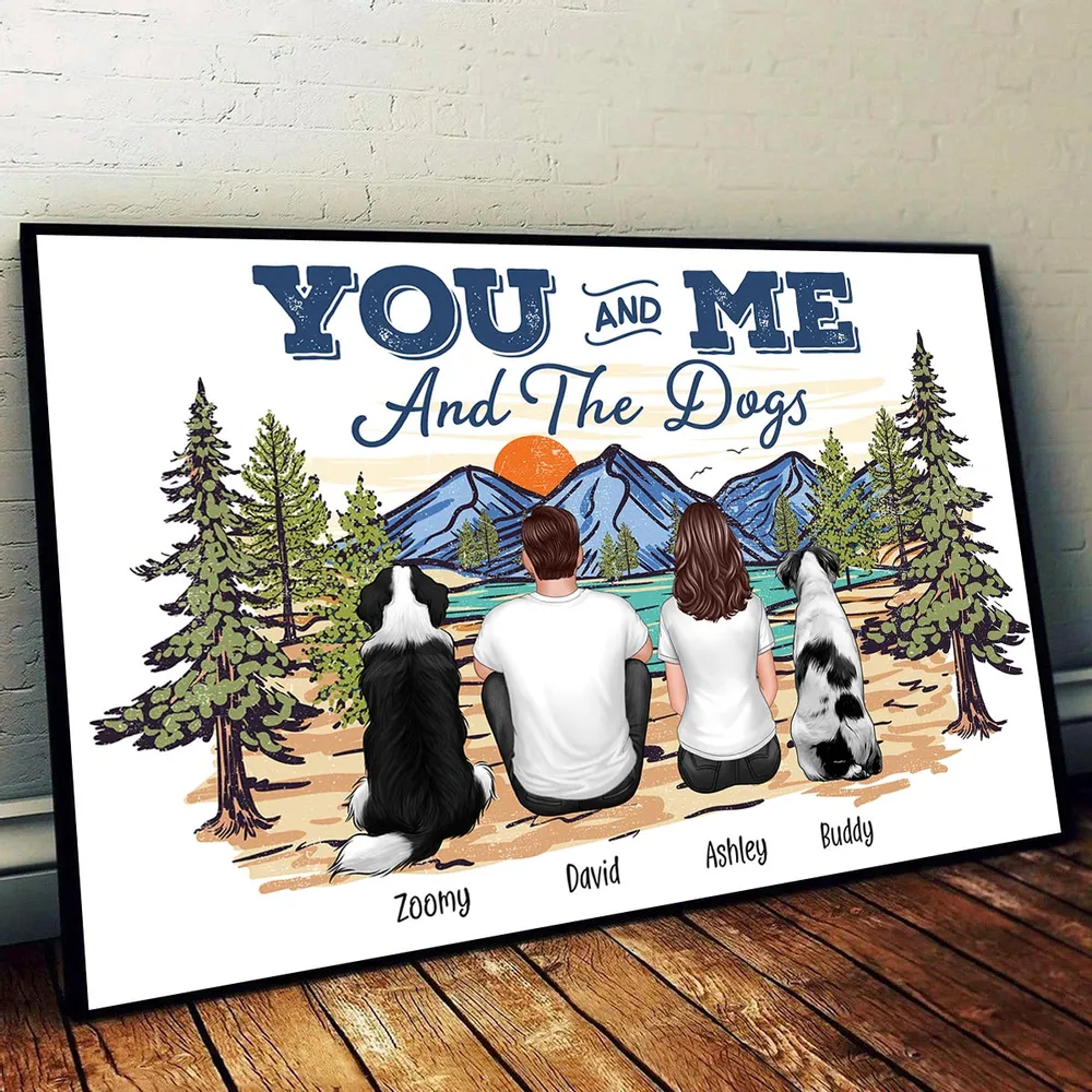 Couple with Dogs Poster Print, Scenic Mountain Landscape Design, Heartwarming Home Wall Art - Image 3
