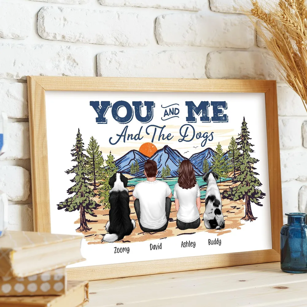 Couple with Dogs Poster Print, Scenic Mountain Landscape Design, Heartwarming Home Wall Art - Image 4