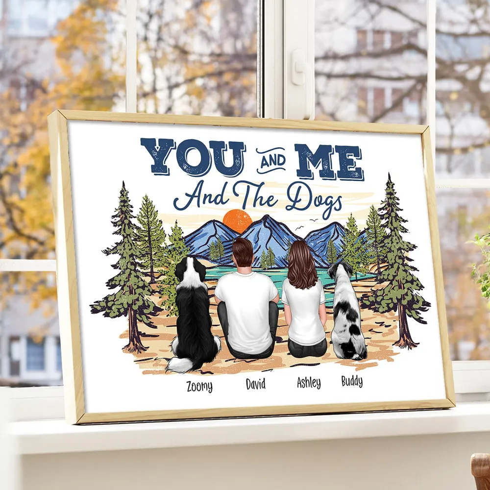 Couple with Dogs Poster Print, Scenic Mountain Landscape Design, Heartwarming Home Wall Art - Image 5