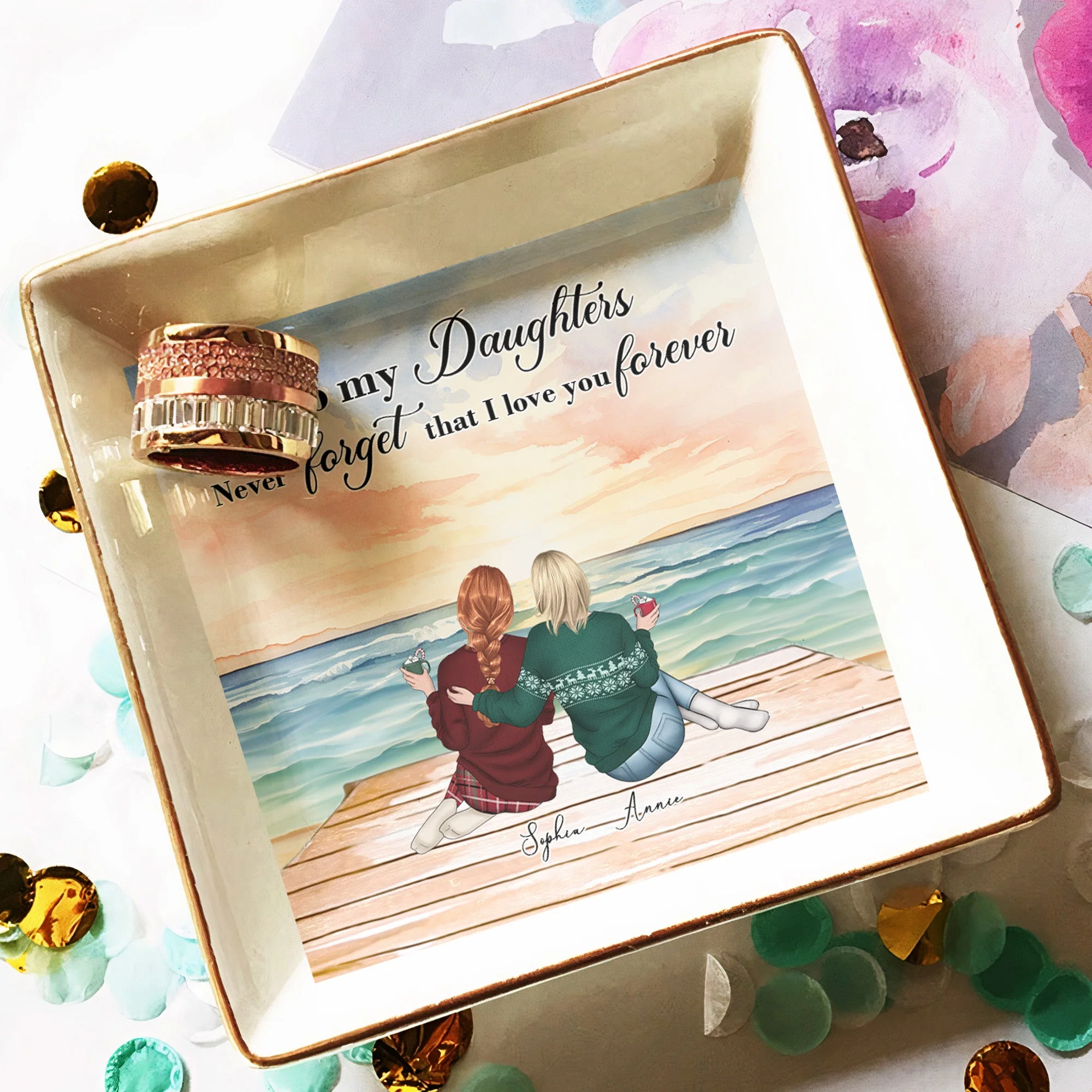 Jewelry Dish with Mother-Daughter Beach Illustration, Heartfelt Keepsake of Love and Affection - Image 5