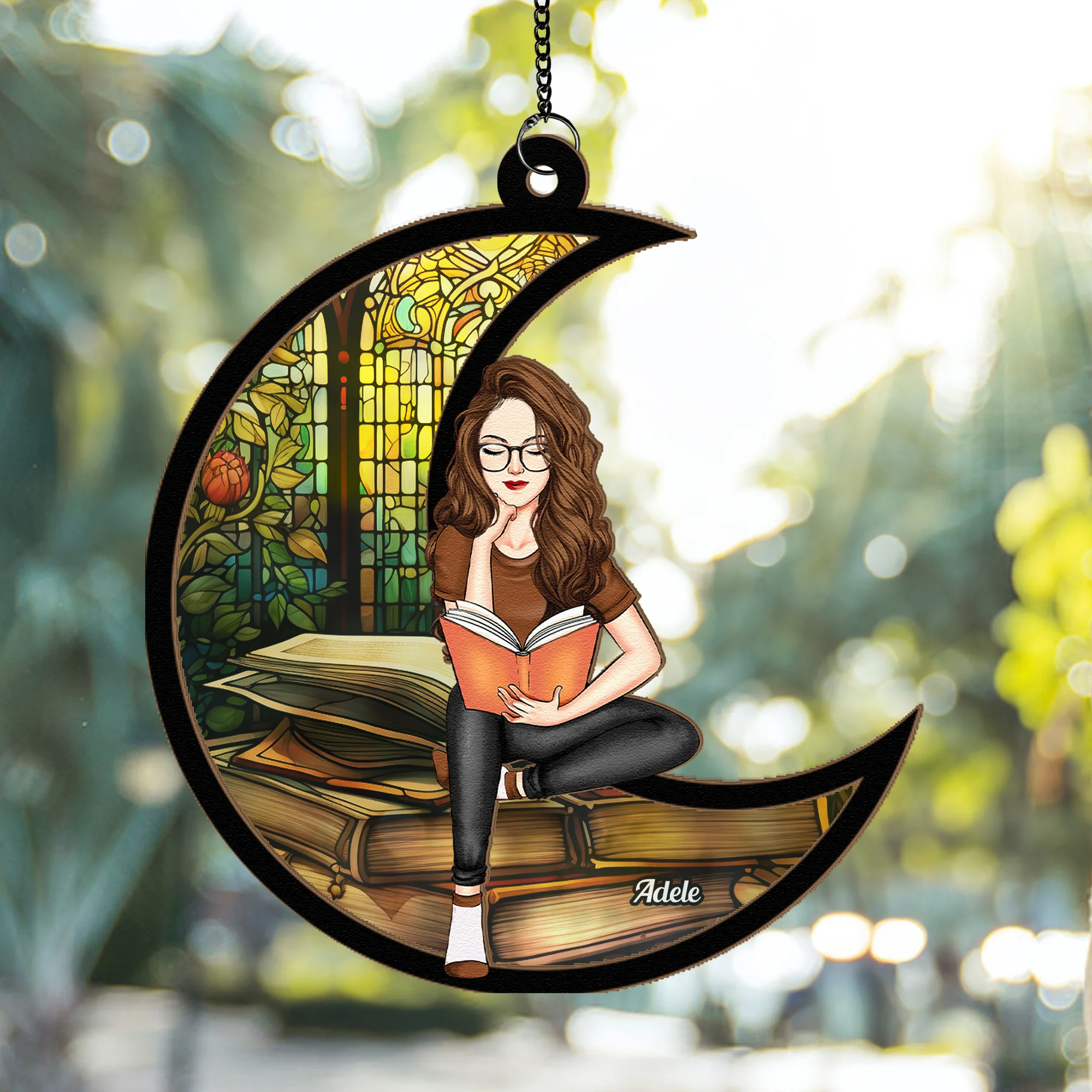 Book Lover Ornament with Stained Glass Window, Reading Girl Sitting on Crescent Moon, Cozy Home Décor Gift for Readers - Image 3