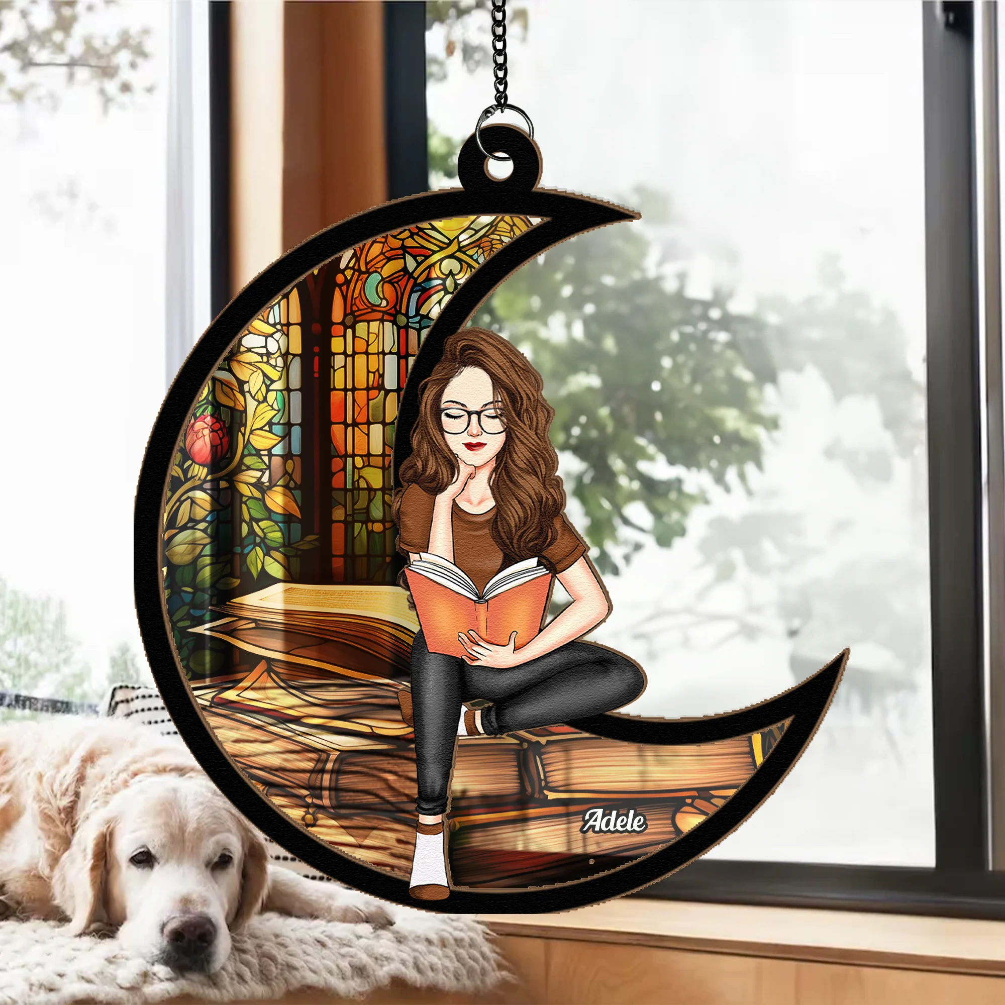 Book Lover Ornament with Stained Glass Window, Reading Girl Sitting on Crescent Moon, Cozy Home Décor Gift for Readers - Image 5
