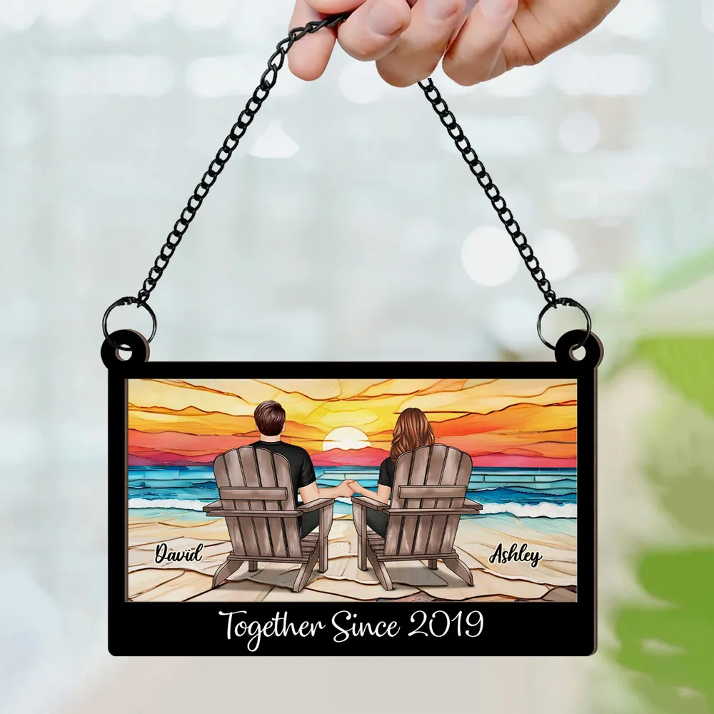 Wood and Acrylic Layered Ornament with Couple Holding Hands on Beach Chairs, Sunset Scene, Perfect Gift for Love and Home Décor - Image 3