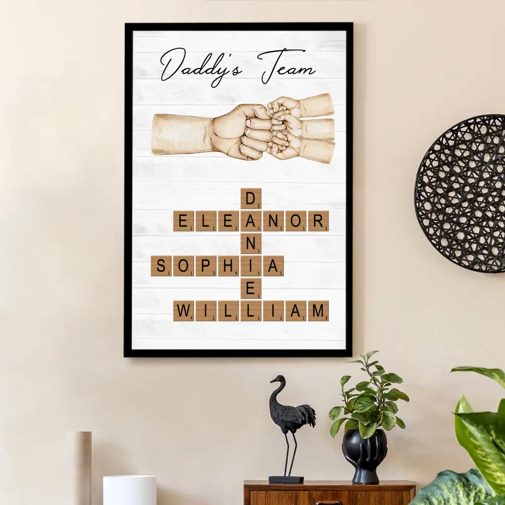 Daddy's Team Poster with Fist Bump Crossword Design, Heartwarming Family Scene, Perfect Gift for Dad