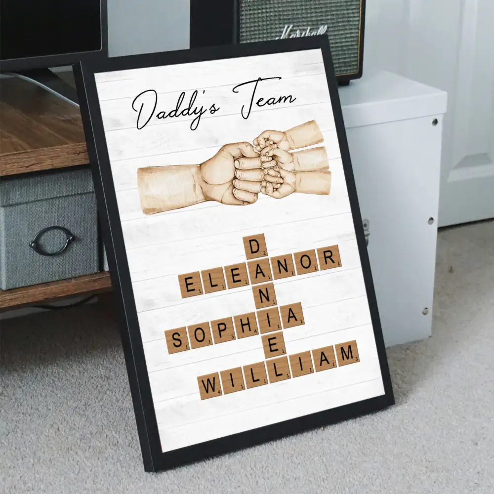Daddy's Team Poster with Fist Bump Crossword Design, Heartwarming Family Scene, Perfect Gift for Dad - Image 2