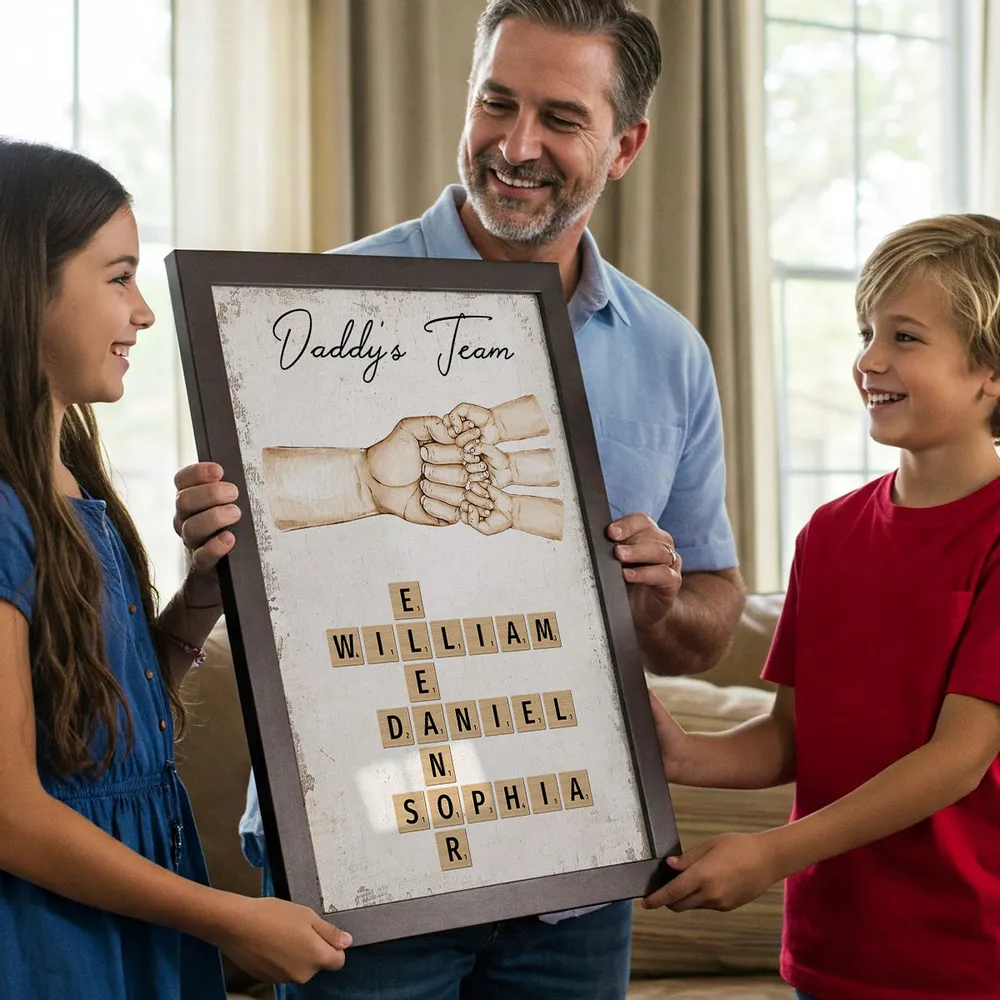 Daddy's Team Poster with Fist Bump Crossword Design, Heartwarming Family Scene, Perfect Gift for Dad - Image 3