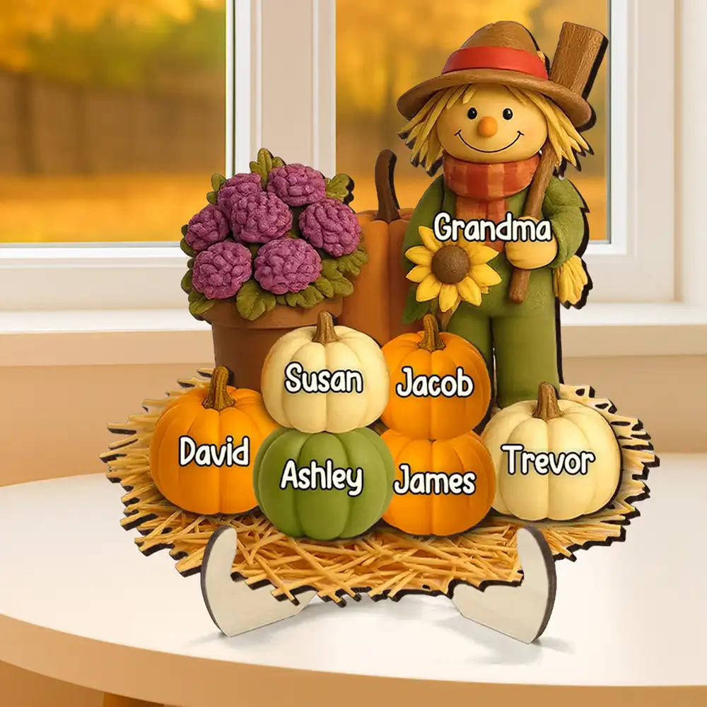 Autumn Harvest Wooden Plaque with Scarecrow and Pumpkins, Heartwarming Grandma Gift for Family Reunion Décor