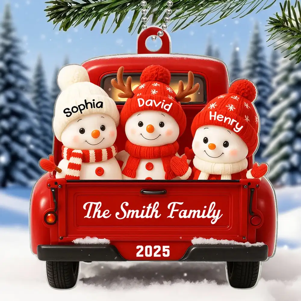 Christmas Acrylic Ornament with Snowman Family in Red Truck, Festive Holiday Décor for Tree & Home
