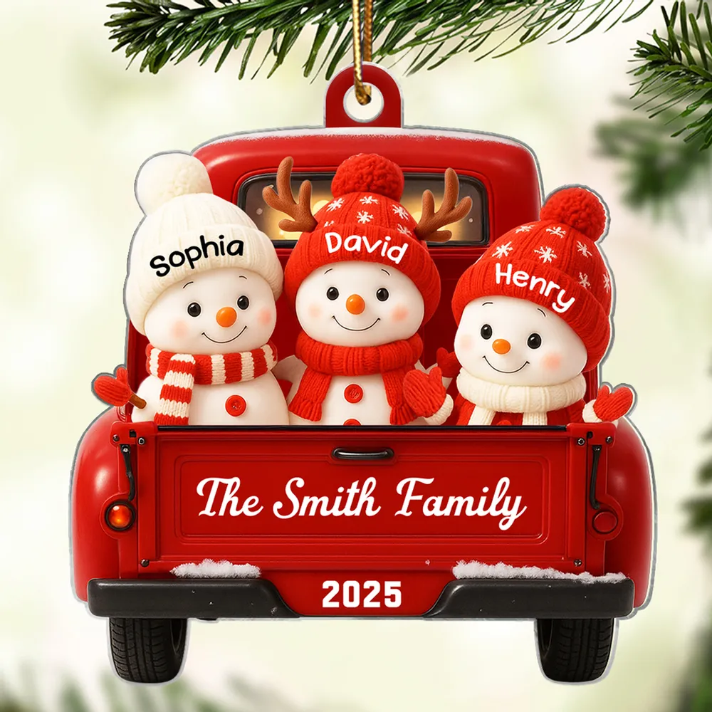 Christmas Acrylic Ornament with Snowman Family in Red Truck, Festive Holiday Décor for Tree & Home - Image 2