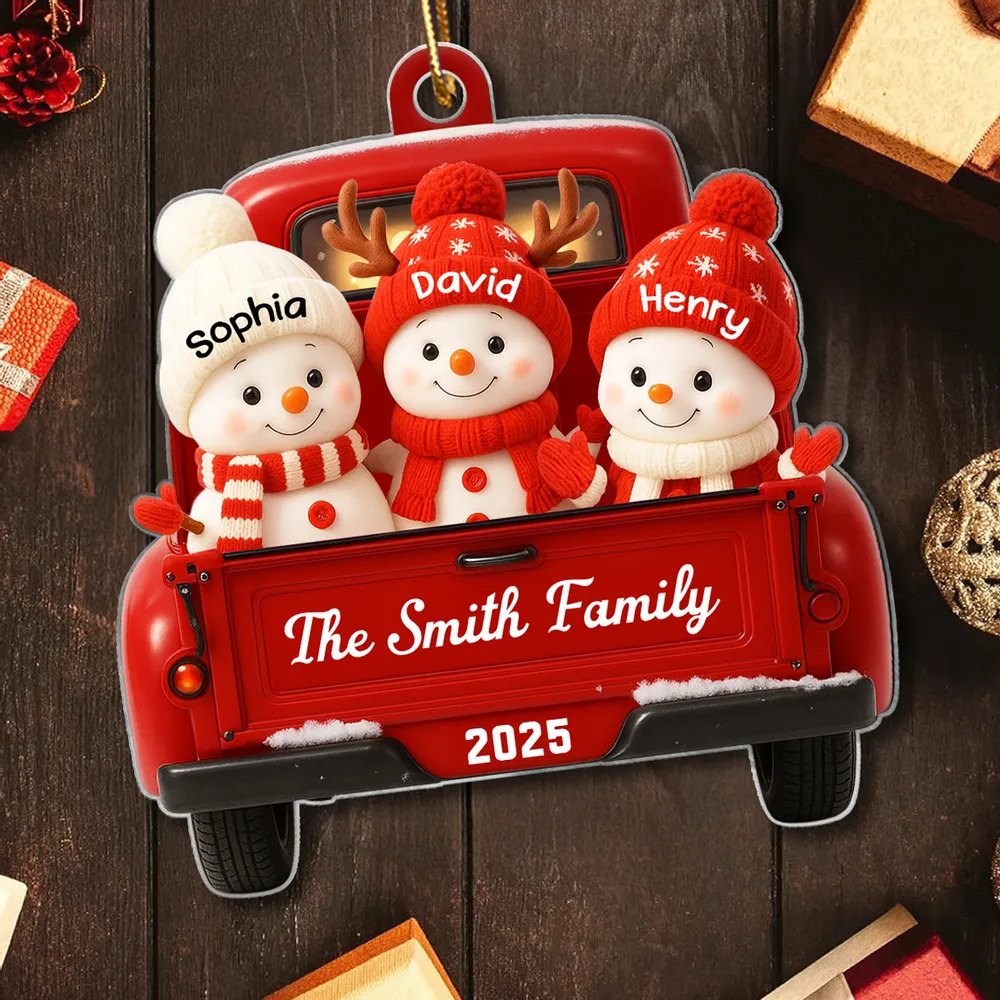 Christmas Acrylic Ornament with Snowman Family in Red Truck, Festive Holiday Décor for Tree & Home - Image 5
