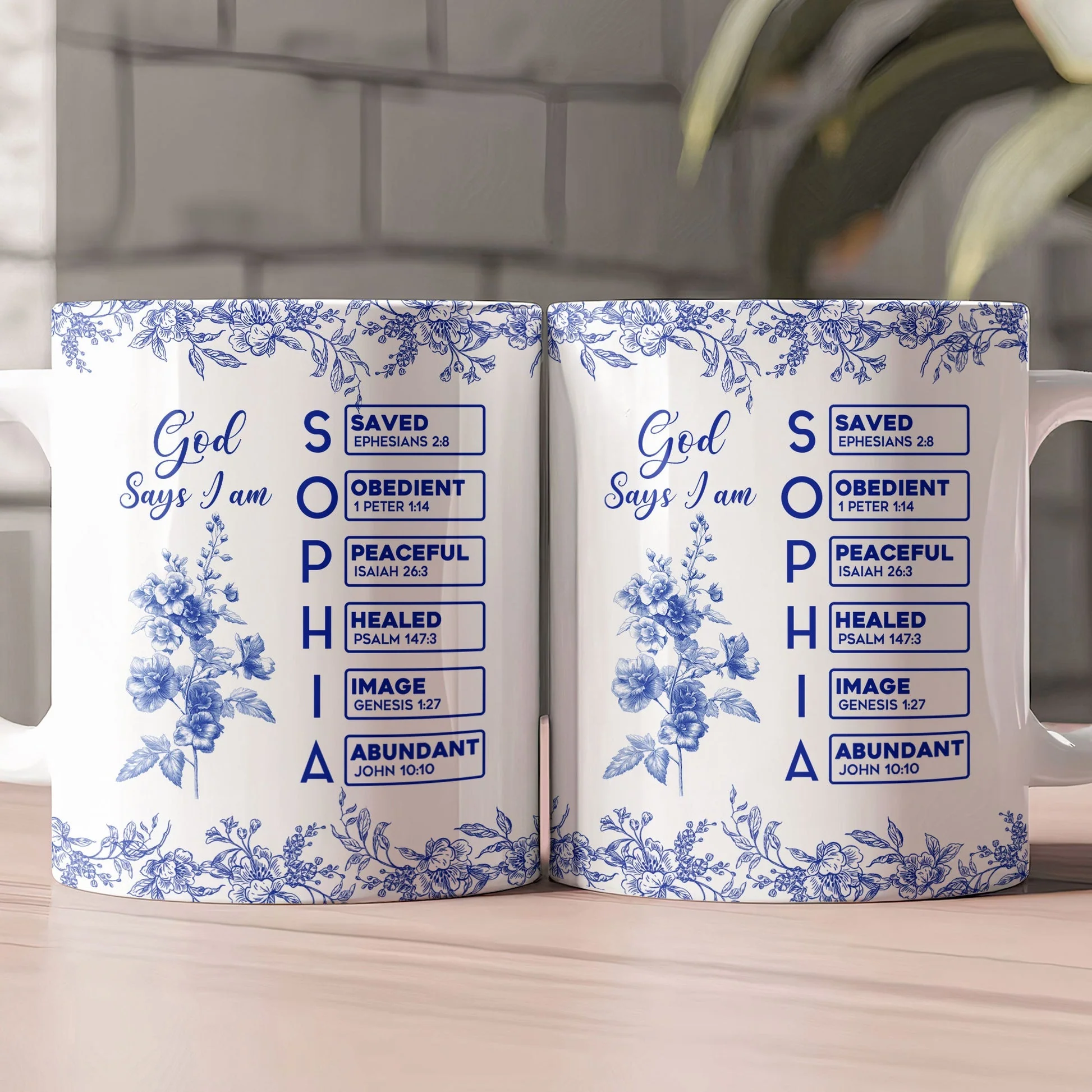 White Ceramic Mug with Bible Verses and Blue Floral Design, Faithful and Heartwarming Gift - Image 3