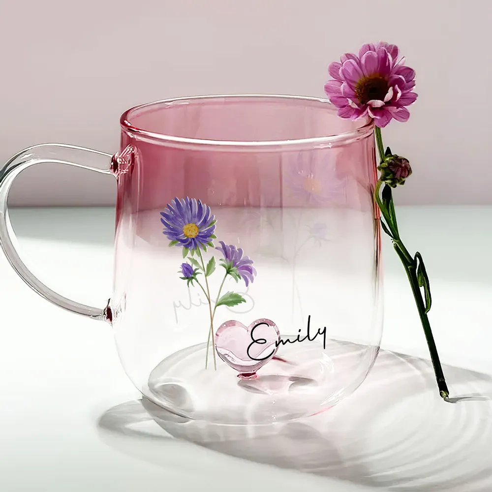 Gradient Glass Mug with Floral Print and Heart-Shaped Base, Elegant Gift Choice - Image 2
