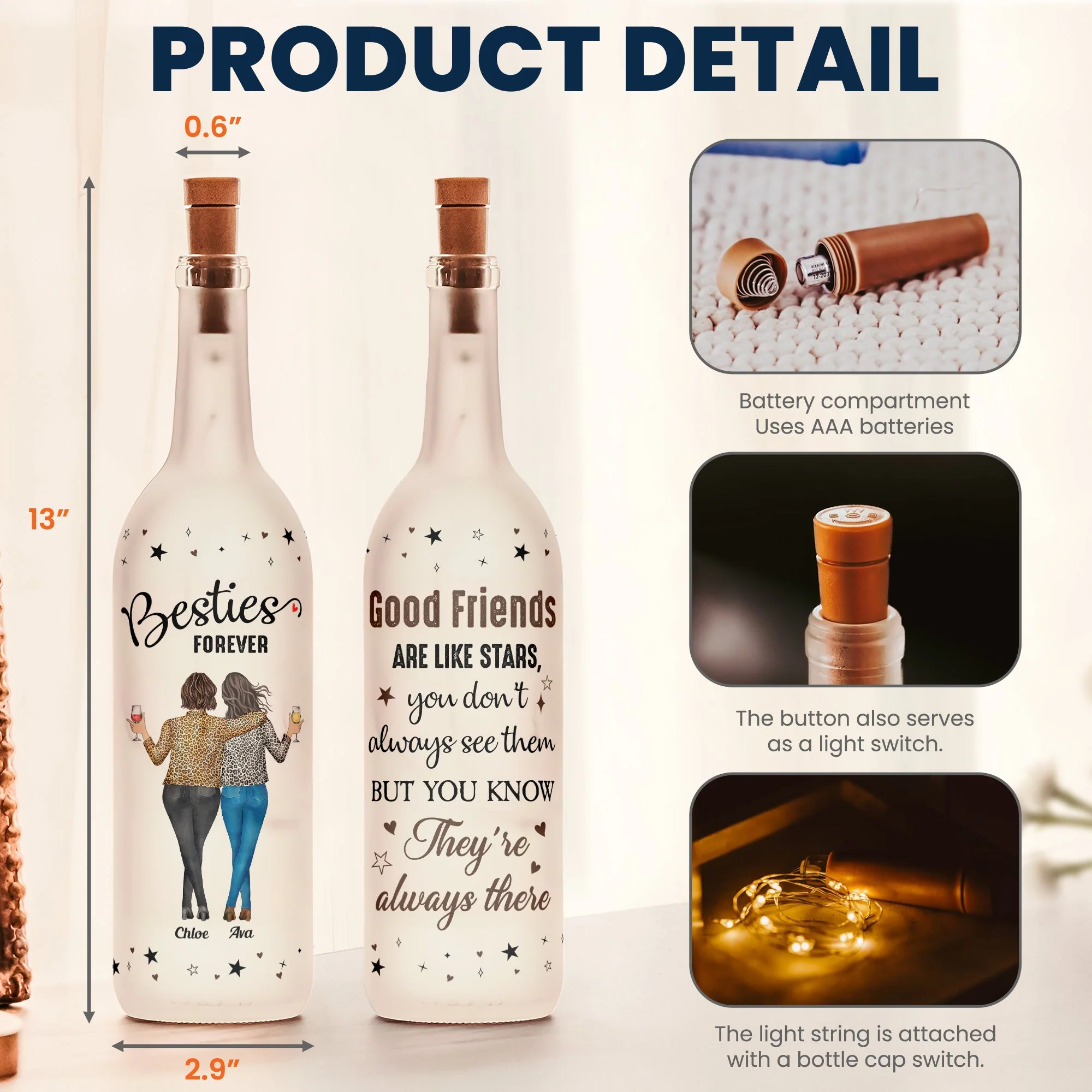 Friendship Bottle Lamp with Clear Print and Twinkling Light Design, Warm Decorative Accent, Gift-Ready for Best Friends and Loved Ones - Image 5
