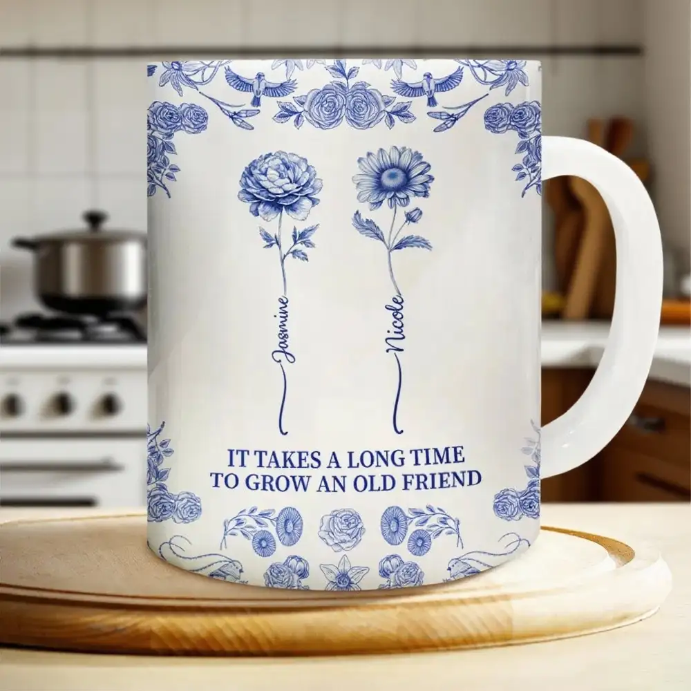 Friendship White Ceramic Mug with Clear Print and Floral Details, Simple Everyday Style, Gift-Ready for Loved Ones
