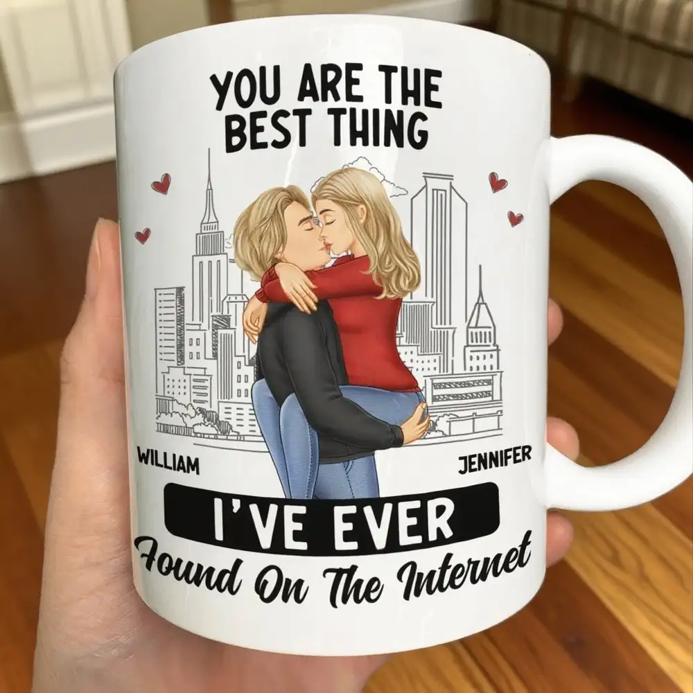 White Ceramic Mug with Couple Hug Design, Cityscape Background, Romantic Vibe, Perfect Gift for Lovers