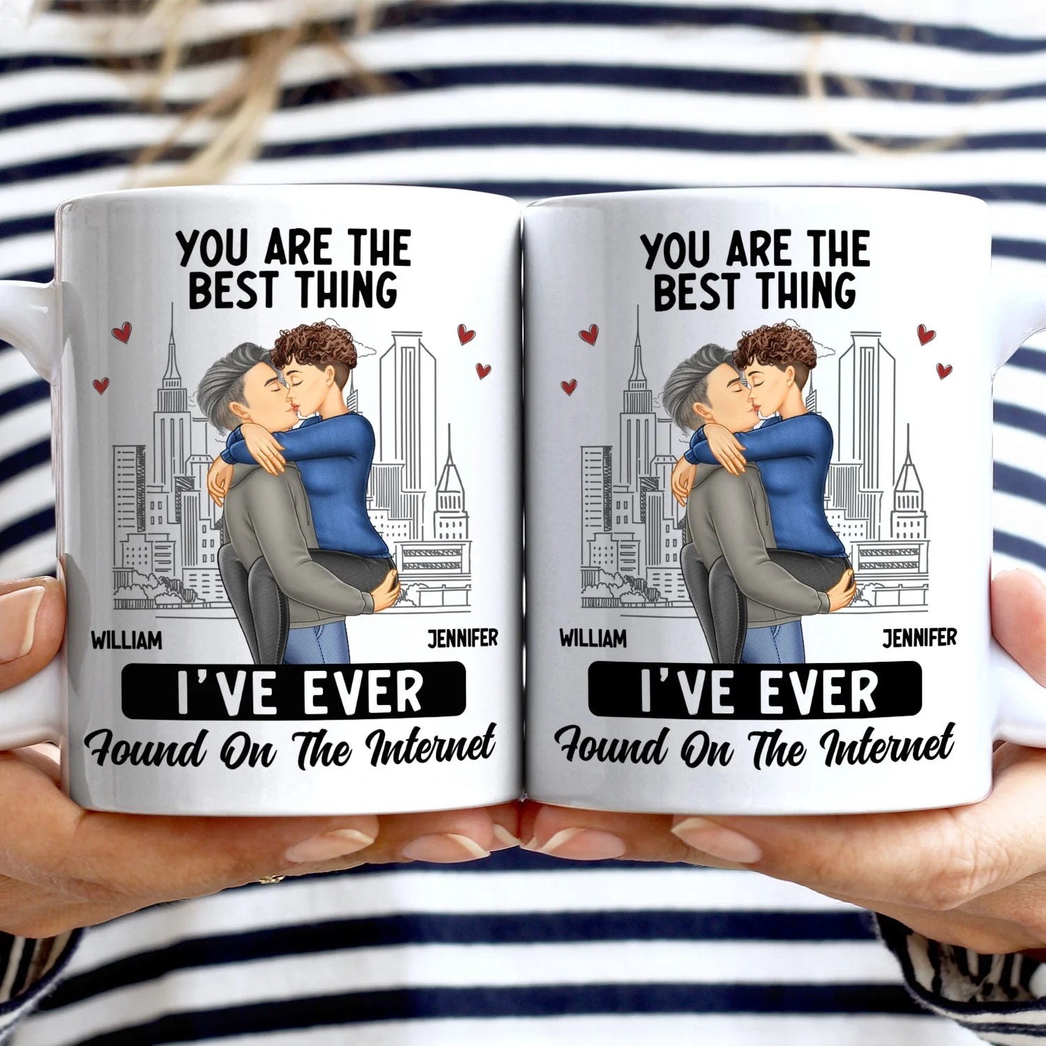White Ceramic Mug with Couple Hug Design, Cityscape Background, Romantic Vibe, Perfect Gift for Lovers - Image 3