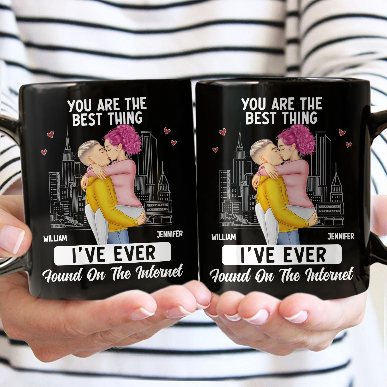 White Ceramic Mug with Couple Hug Design, Cityscape Background, Romantic Vibe, Perfect Gift for Lovers - Image 4