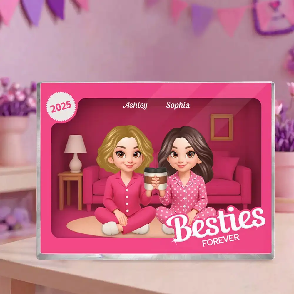 Rectangle Acrylic Block Plaque with Besties Forever Theme, Pajama Illustration, Clear Finish, Perfect Surprise Gift for Friends