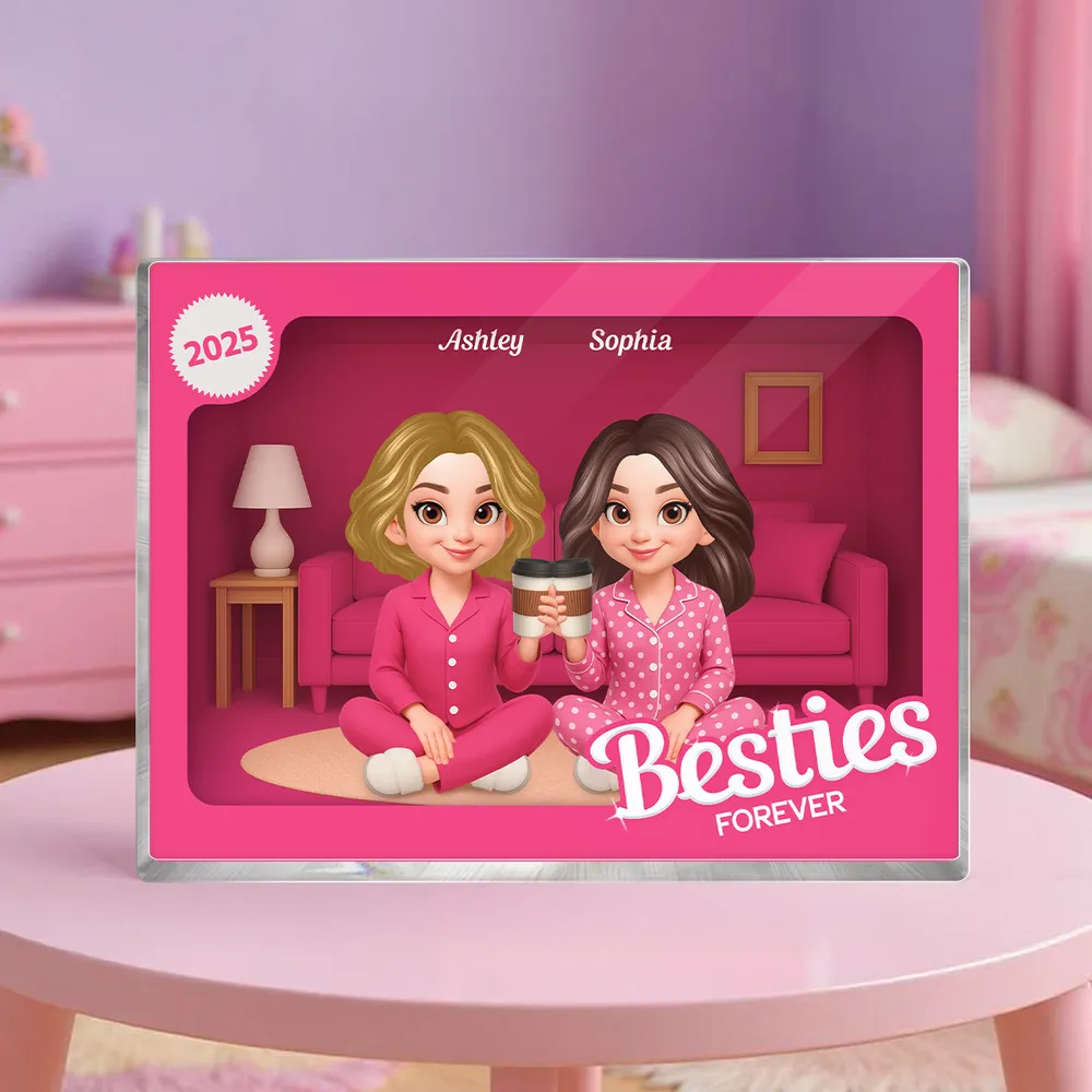 Rectangle Acrylic Block Plaque with Besties Forever Theme, Pajama Illustration, Clear Finish, Perfect Surprise Gift for Friends - Image 2