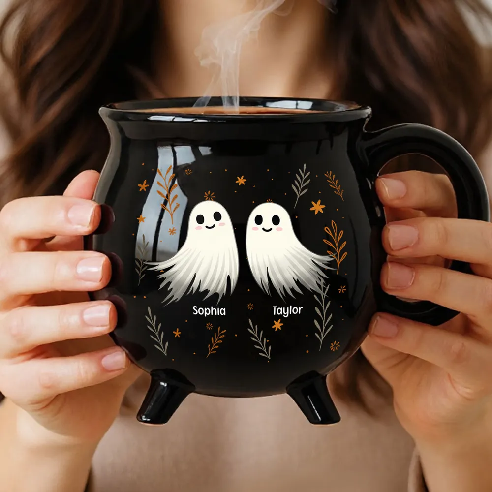 Personalized Ceramic Cauldron Coffee Mug with Ghost Illustration, Holiday Party Gift - Image 3