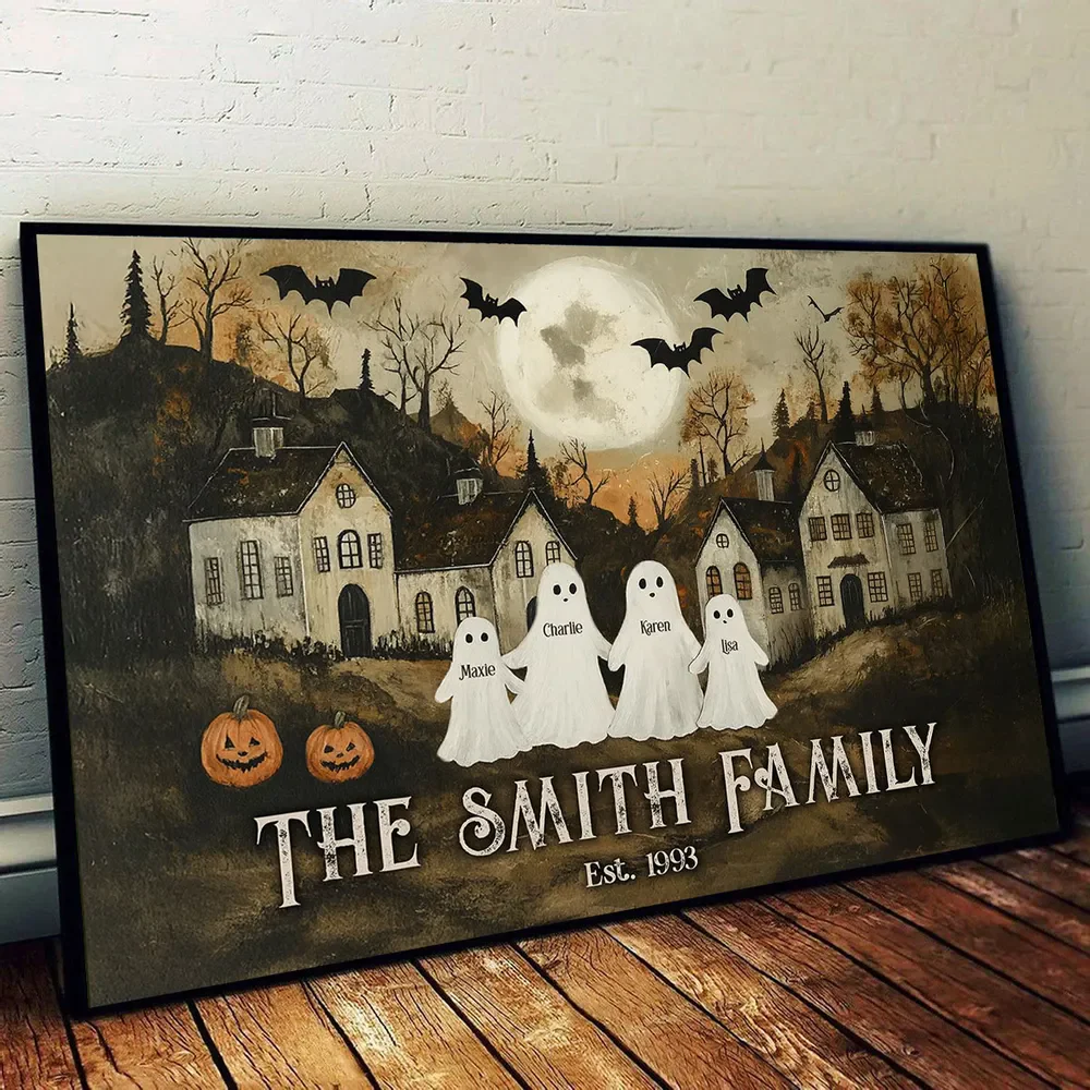 Halloween Family Ghost Poster | Vintage Pumpkins and Moonlit Scene, Perfect Gift for Home Décor - Image 2