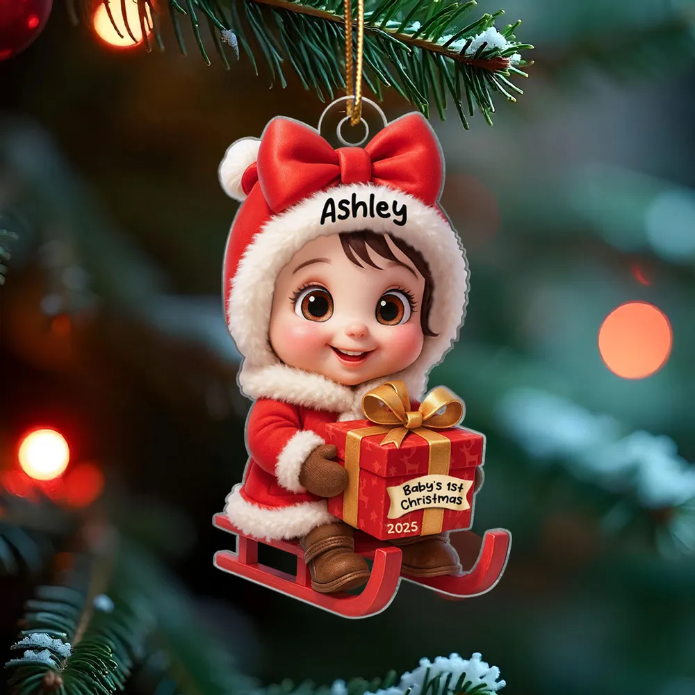 Acrylic Ornament with Baby in Santa Outfit on Sleigh, High Clarity, Heartwarming Christmas Gift - Image 2