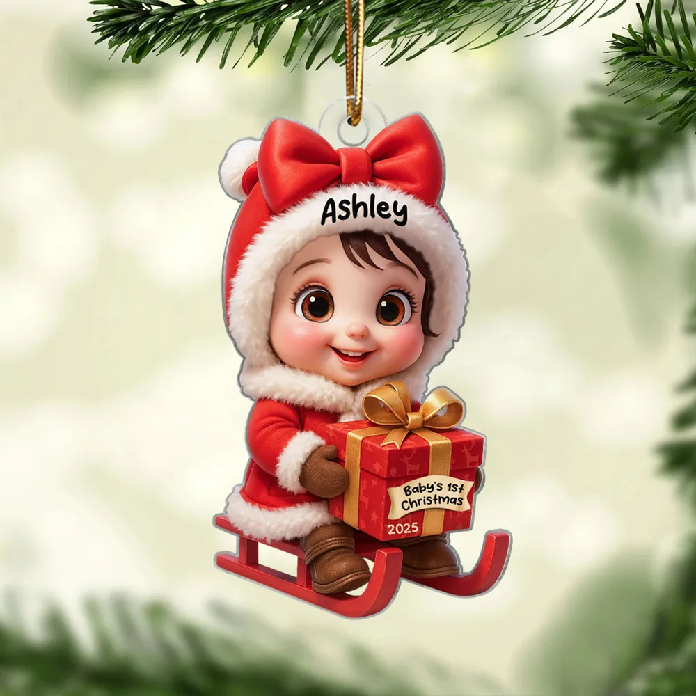 Acrylic Ornament with Baby in Santa Outfit on Sleigh, High Clarity, Heartwarming Christmas Gift - Image 3