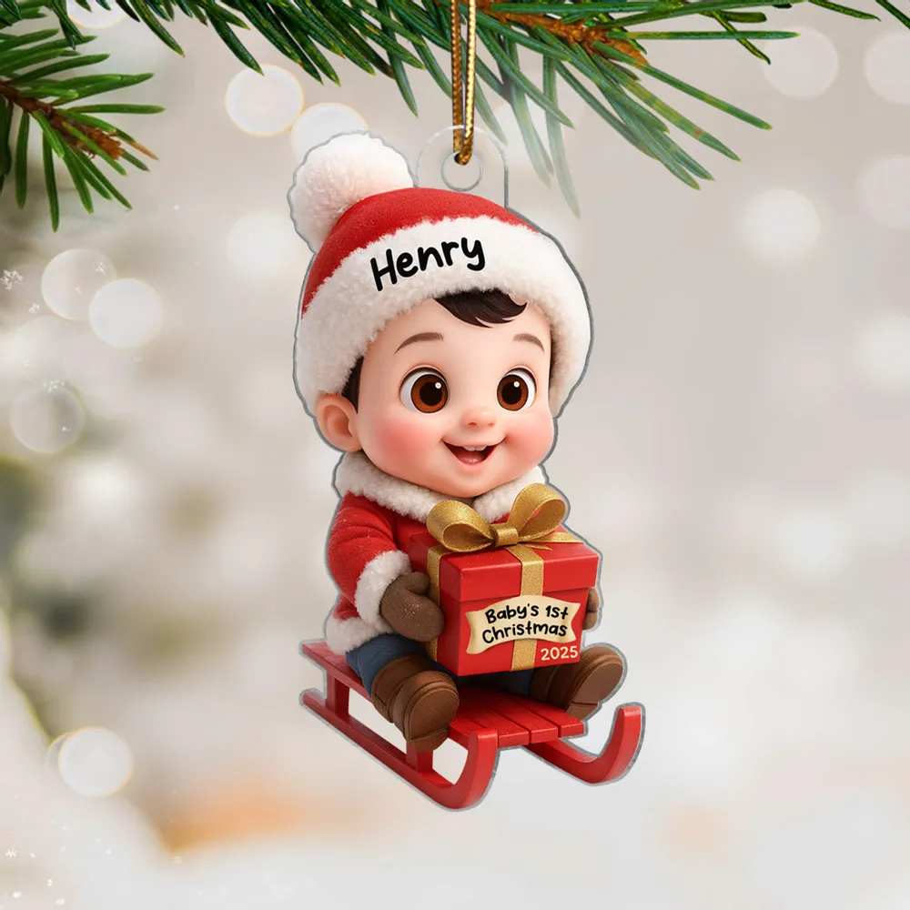 Acrylic Ornament with Baby in Santa Outfit on Sleigh, High Clarity, Heartwarming Christmas Gift - Image 4