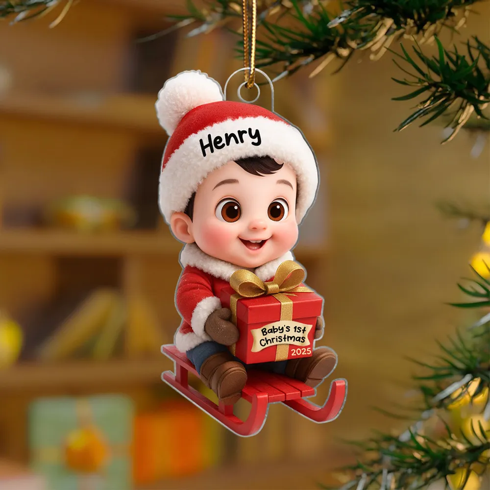 Acrylic Ornament with Baby in Santa Outfit on Sleigh, High Clarity, Heartwarming Christmas Gift - Image 5