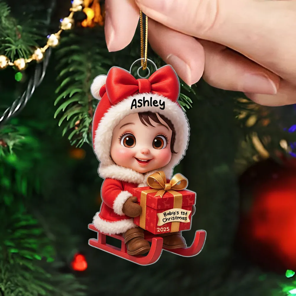 Acrylic Ornament with Baby in Santa Outfit on Sleigh, High Clarity, Heartwarming Christmas Gift - Image 6
