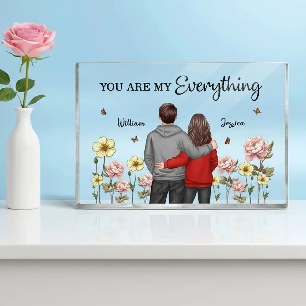 Rectangle Acrylic Block Plaque with Couple Back View and Monthly Flowers, High Clarity, Heartwarming Gift for Lovers