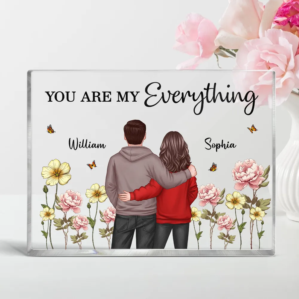 Rectangle Acrylic Block Plaque with Couple Back View and Monthly Flowers, High Clarity, Heartwarming Gift for Lovers - Image 2