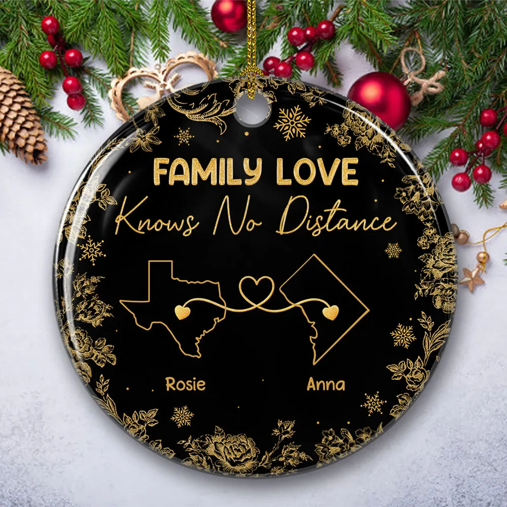 Family Love Knows No Distance - Personalized Ceramic Ornament with Map and Quote, Heartwarming Family Gift - Image 5