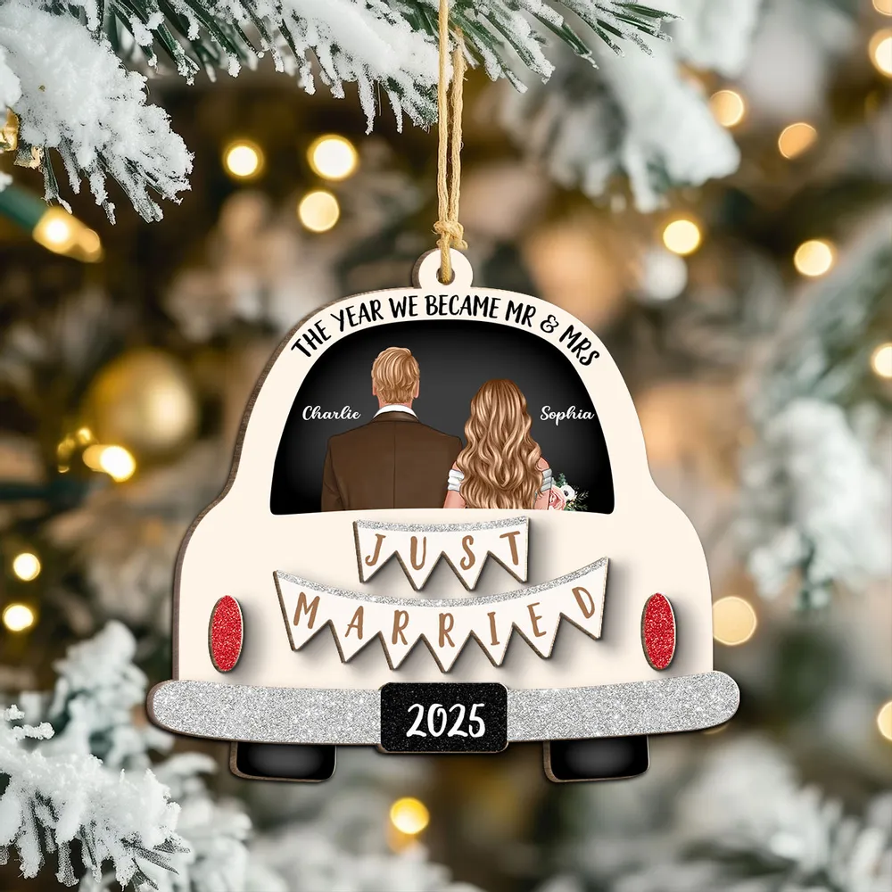 Custom 2-Layer Wooden Ornament 'Just Married' Gift for Couples - Image 3