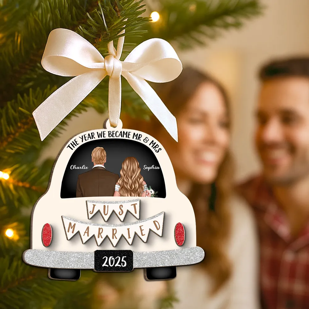 Custom 2-Layer Wooden Ornament 'Just Married' Gift for Couples - Image 6